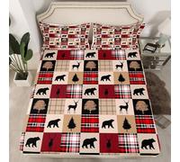 Parure de lit 3 pièces pour enfants, adolescents et adultes, drap-housse rustique avec 2 taies d'oreiller (sans drap plat), motif cabane de chalet, animaux sauvages, silhouette d'arbres, pour enfants