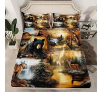 Parure de lit 3 pièces pour enfants, adolescents et adultes, motif animaux de la jungle, paysage naturel, ours sauvage, cerf - Drap-housse avec 2 taies d'oreiller (sans drap plat), lit double