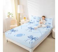 Parure de lit 3 pièces pour garçons et adolescents avec drap-housse imprimé de style football américain avec joli nœud bleu (sans drap supérieur), drap-housse à poches profondes pour enfants, garçons