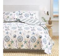 Parure de lit 3 pièces réversible pour toutes les saisons - Couvre-lit d'été côtier avec taies d'oreiller, pour lit double/grand lit, couvre-lit matelassé nautique léger, collection azur, coquillages