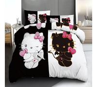 Parure De Lit 3 Pieces Sanrio Hello Kitty En Noir Et Blanc Avec Des Touches De Rose - Housse De Couette En Polyester Doux Et 2 Taies D'oreiller, Confort Toutes Saisons - Idéal Pour