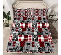 Parure de lit 3 pièces style cabane rétro - Drap-housse à carreaux en patchwork rouge et gris pour enfants, adolescents et adultes, motif bois de cerf, ours, animaux - Poche profonde - 2 taies