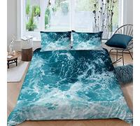 Parure de Lit 3 Pièces Vague Housse de Couette 220x240 Enfant 2 Personnes 3D Motif Eau De Mer Bleue avec Fermeture Éclair Hypoallergique Microfibre avec 2 Taies d'oreiller 50x75 cm