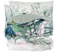 Parure de lit 300x240 cm 50x70 cm percale de coton BALI motif floral vert