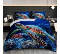 Parure de Lit 3D 1 Personnes 140x200 cm - Housse de Couette Motif de Tortue de Mer de RéCif OcéAnique Hypoallergénique Microfibre - Douce et Facile d'entretien Bleu Ensemble Literie