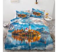 Parure de Lit 3D Automne 220 x 240 Paysages Lacustres Montagnes Housse de Couette 2 Personnes Réversible doux microfibre Avec fermeture éclair et métal 2 Taies d'oreiller 50x75 pour Adulte 9yf22