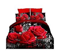 Parure de lit 4 pièces avec housse de couette pour lit double Motif roses rouges 3D Romantique