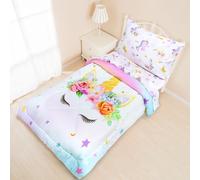 Parure de lit 4 pièces Douce et Confortable avec Drap Plat, Drap-Housse, Couette, taie d'oreiller enveloppe, Motif Licorne, Rose Floral, pour Tout-Petits Filles