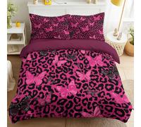 Parure de lit 4 pièces en Motif animalier Statement Microfibre de Printemps avec Poche Profonde, 2 Personne Housse de Couette avec Taie d'oreiller- Motif léopard Papillons - Lit Violet foncé