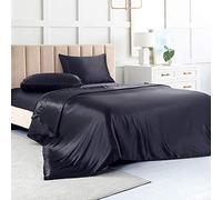 Parure de lit 4 pièces en satin de soie douce avec 1 drap-housse à poche profonde, 1 drap plat, 2 taies d'oreiller, noir