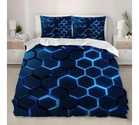 Parure de lit 90x190 cm Enfant Géométrie en nid d'abeille bleu Motif Housse de Couette en Microfibre pour Filles Garçon Ado, Ensemble de literie avec 1 Housse de Couette + 2 Taie d'oreiller 65x65 cm
