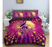 Parure de Lit 90x190 Enfant Rose violet Housse Couette 1 Personne Microfibre avec Fermeture Éclair Boule disco Ensemble de Literie Style de fête avec notes de musique avec Taie d'oreiller 65x65cm V201