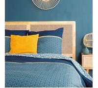 Parure de lit Adulte 100% Coton - Housse de Couette + 2 Taies d'oreiller imprimé géométrique réversible Bleu, Finitions dorées