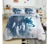 Parure de lit Adulte 2 Personnes 140x200 cm Attrape-Rêves Loup Bleu Sets de Housse de Couette Polycoton Ensemble Literie Linge de Lit avec Fermeture éclair et 2 Taies d'oreiller