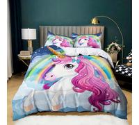 Parure de Lit Arc Ciel 180x200 cm Housse de Couette 2 Personnes Licorne Dessin Animé pour Adultes Garçons et Filles, Ensemble de Literie en Microfibre Douce avec 2 Taies d'oreiller 65x65 cm