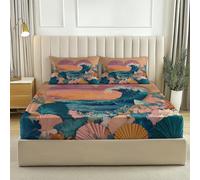 Parure de Lit Art Réaliste Plage en Forme De Cœur Coucher De Soleil sur L'Océan - Drap Housse 90 x 200 avec Bonnet 30cm Comprend 2 Taies d'oreiller - Douce et Respirante Chambre Fille Garçon Marron