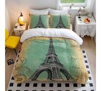 Parure de lit avec housse de couette en microfibre douce Motif Tour Eiffel Paris rétro vintage 240 x 220 cm + 65 x 65 cm x 2 cm
