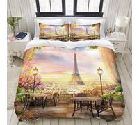 Parure De Lit Avec Housse De Couette En Microfibre,French Dreamlike Paris Tour Eiffel Fleurs Vue Ville Photographie Fond,Sets De Housse De Couette Xcm+ Taie D'oreiller Xcm