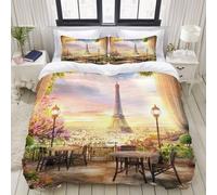 Parure De Lit Avec Housse De Couette En Microfibre,French Dreamlike Paris Tour Eiffel Fleurs Vue Ville Photographie Fond,Sets De Housse De Co