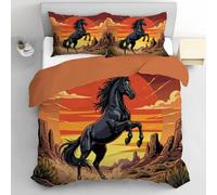 Parure de Lit Bandes Dessinées Rétro Américaines 200x200cm Réversible avec 2 Taies d'oreiller, Housse de Couette Chevaux Au Galop dans Le Désert L'Ouest pour 2 Personnes Parure Couette, Orange