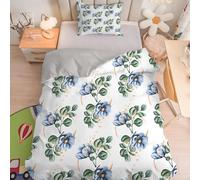 Parure de Lit Bébé 100x135 cm, Housse de Couette Camélia ton bleu Réversible en Microfibre Douce et Respirante, Blanc cassé, Feuilles florales, avec Taie d'oreiller 40x60 cm, Literie pour Berceau