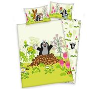 Parure de lit bébé 3 pièces réversible motif : la petite taupe - Renforcé - 100 x 135 cm + 40 x 60 cm + 1 drap-housse 70 x 140 cm (avec draps blancs)