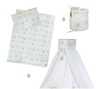 Parure de Lit Bébé 4 Pièces ROBA - Woodland Buddies - 100% Coton - Housse + Taie + Ciel + Tour de Lit - Vert Pastel - Motif Animaux