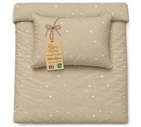 Parure de Lit Bébé 90 x 120 cm en Coton - Housse de Couette Réversible 90x120 & Taie d'Oreiller 40x60 cm avec Fermeture Éclair - Linge de Lit Enfant Garçon Fille Oeko-Tex Beige avec étoiles blanches