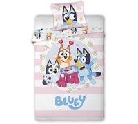 Parure de Lit Enfant Bluey - 100% Coton - Housse de Couette 100x135 cm + Taie d'oreiller 40x60 cm - Motif Bluey, Bingo et Muffin - Certifié Oeko-TEX - Rose et Blanc à Rayures