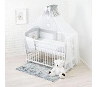 Parure de lit bébé complète 10 pièces sans lit pour lit de taille 60x120 en 100% coton brodé avec un ours en peluche avec un cœur, moustiquaire incluse Gris