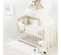 Parure de lit bébé complète 10 pièces sans lit pour lit de taille 60x120 en 100% coton brodé avec un ours en peluche avec un cœur, moustiquaire incluse Beige foncé