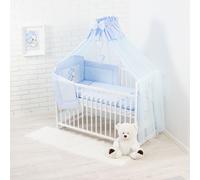 Parure de lit bébé complète 10 pièces sans lit pour lit de taille 60x120 en 100% coton brodé avec un ours en peluche avec un cœur, moustiquaire incluse Bleu