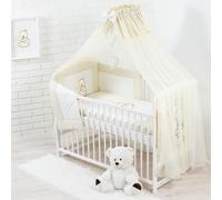 Parure de lit bébé complète 10 pièces sans lit pour lit de taille 70x140 en 100% coton brodé avec un ours en peluche avec un cœur, moustiquaire incluse Beige clair