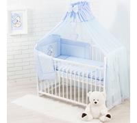 Parure de lit bébé complète 10 pièces sans lit pour lit de taille 70x140 en 100% coton brodé avec un ours en peluche avec un cœur, moustiquaire incluse Bleu