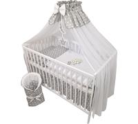 Parure de lit bébé complète 11 pièces sans lit pour lit de taille 70x140 en 100% coton brodé avec des éléphants, moustiquaire incluse Gris