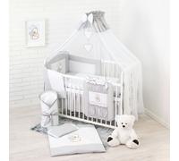 Parure de lit bébé complète 18 pièces sans lit pour lit de taille 60x120 en 100% coton brodé avec un ours en peluche avec un cœur, moustiquaire incluse Gris