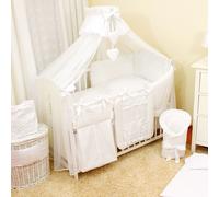 Parure de lit bébé complète 18 pièces sans lit pour lit de taille 60x120 en 100% coton brodé avec un ours en peluche avec un cœur, moustiquaire incluse Blanc