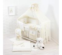 Parure de lit bébé complète 18 pièces sans lit pour lit de taille 60x120 en 100% coton brodé avec un ours en peluche avec un cœur, moustiquaire incluse Beige clair