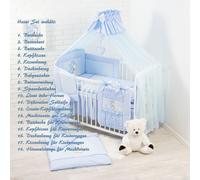Parure de lit bébé complète 18 pièces sans lit pour lit de taille 60x120 en 100% coton brodé avec un ours en peluche avec un cœur, moustiquaire incluse Bleu