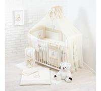 Parure de lit bébé complète 18 pièces sans lit pour lit de taille 70x140 en 100% coton brodé avec un ours en peluche avec un cœur, moustiquaire incluse Beige clair