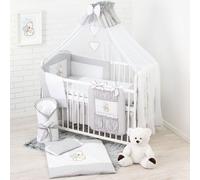 Parure de lit bébé complète 18 pièces sans lit pour lit de taille 70x140 en 100% coton brodé avec un ours en peluche avec un cœur, moustiquaire incluse Gris