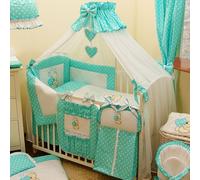 Parure de lit bébé complète 18 pièces sans lit pour lit de taille 70x140 en 100% coton brodé avec un ours en peluche avec un cœur, moustiquaire incluse Turquoise