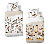 Parure de lit bi-Histoire 140x200 cm Enfant - Housse de Couette + 1 Taie d'oreiller Motif Indien et Pirate Beige et Blanc - Coton