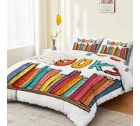 Parure De Lit Blanc 3 PièCes, RéVersible en Microfibre Douce avec Housse De Couette De 140 x 200 cm Et Taies d'oreiller Facile d'entretien Imprimé Dessins Animés Livres Lignes