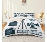 Parure De Lit Blanc 3 PièCes, RéVersible en Microfibre Douce avec Housse De Couette De 220 x 260 cm Et Taies d'oreiller Facile d'entretien Imprimé Éléments Cinématographiques Vintage Lignes