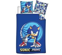 Parure de Lit Bleue Sonic Prime, 100% Polyester, Housse de Couette 140x200 cm + Taie d'oreiller 63x63 cm