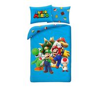 Parure de Lit Bleue Super Mario 140 x 200 cm + 65 x 65 cm - avec Mario, Luigi, Toad, Peach, Wario & Yoshi - Housse de Couette et Taie d'oreiller