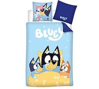 Parure de Lit Bluey 100% Coton, Housse de Couette 140x200 cm + Taie d'oreiller 65x65 cm, avec Bluey, Bingo et Bandit