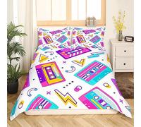 Parure de Lit Cassette Géométrique Memphis Ensemble de Literie Musique de Fête Vintage des Années 80 et 90 200x200 pour Enfants Adultes Housse Couette Hip Hop Hippie Hipster Couvre Lit Funky Fashion