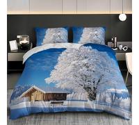 Parure de Lit Chalet de Neige Suisse Housse de Couette 200x200 cm et 2 Taie d'oreiller, Bleu Douce et Hypoallergique Microfibre Parure de Couette 2 Personnes pour Enfant Ado et Adulte
